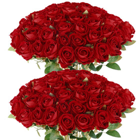 Rowfad 60-pcs artificial roses bulk with vibrant red blooms for versatile decorating.