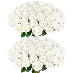 Rowfad 60-pcs artificial white roses for versatile arrangements and long-lasting decor.