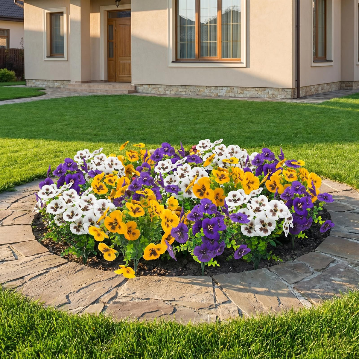 Rowfad artificial pansy flowers border the garden with realistic greenery