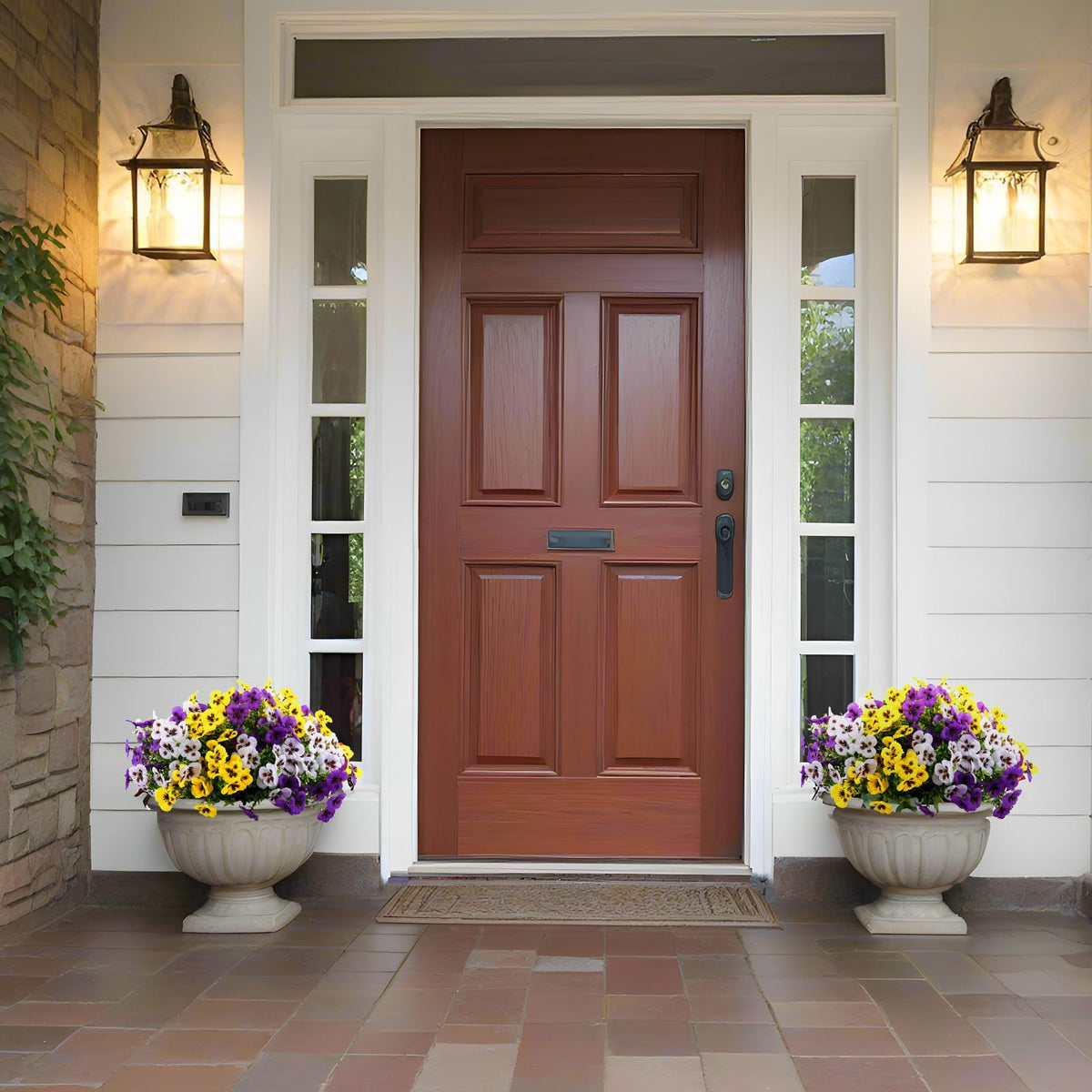 Rowfad pansy flowers hanging planter along entryway for color