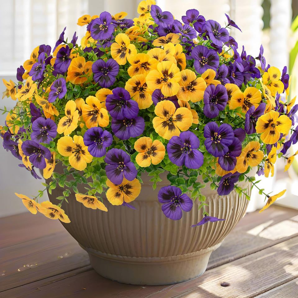 Rowfad artificial pansy flowers on outdoor display for porch decor
