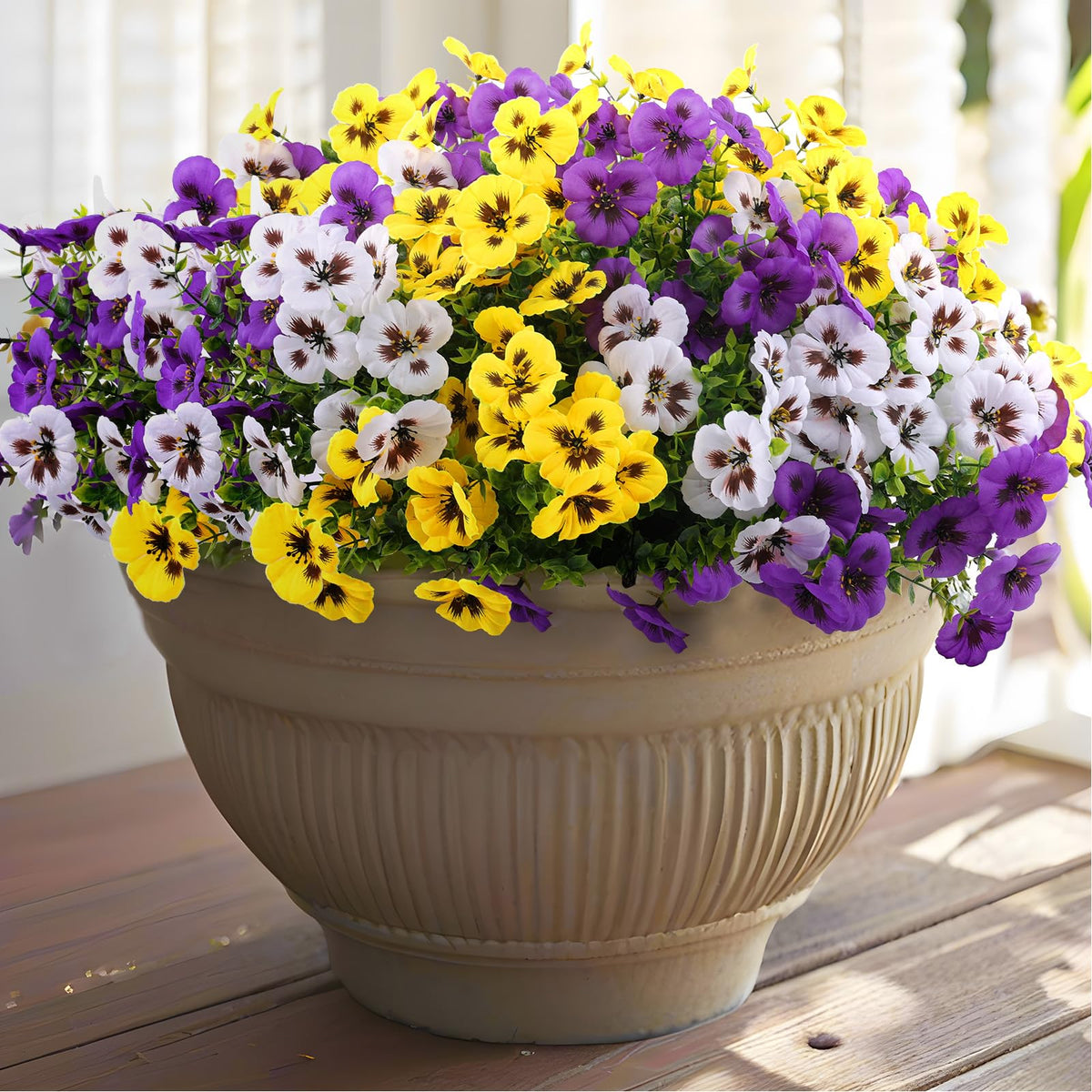 Rowfad artificial pansy flowers brighten outdoor front porch with vibrant color