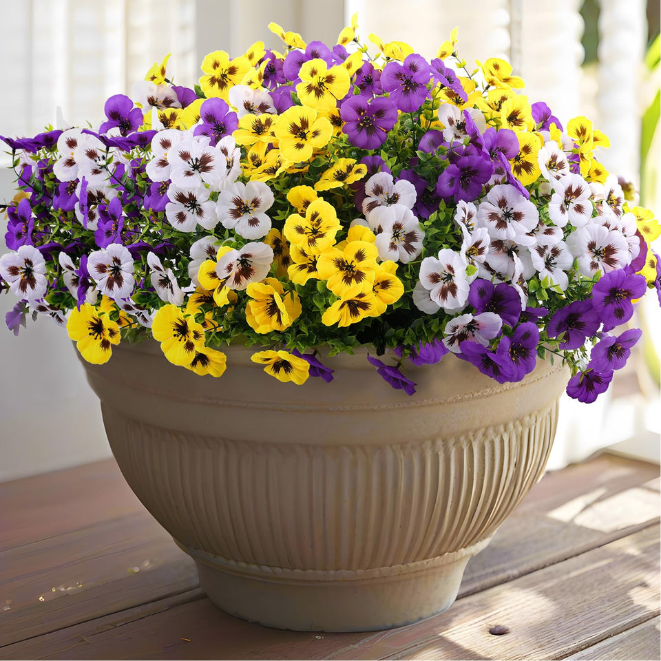 Rowfad artificial pansy flowers brighten outdoor front porch with vibrant color