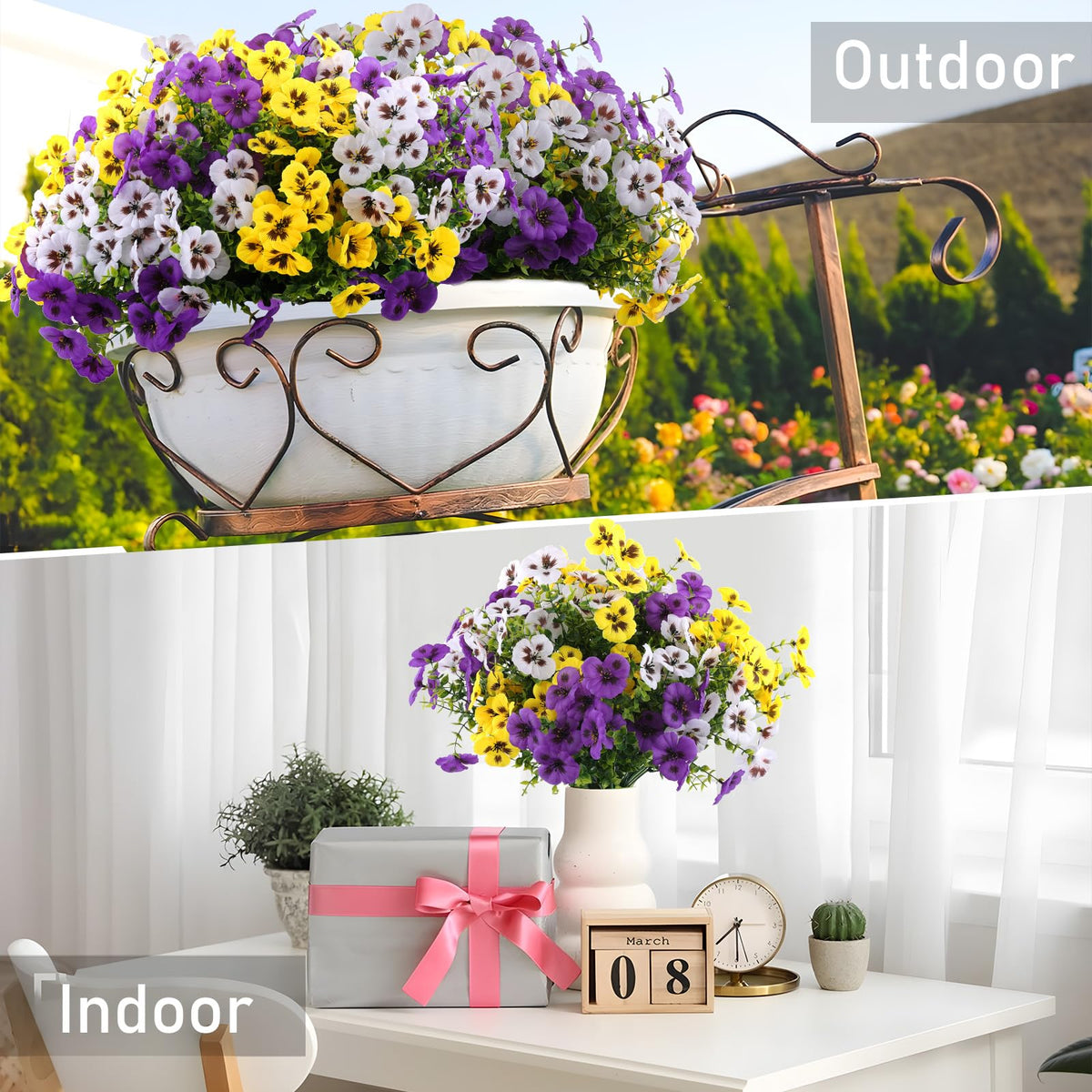Rowfad artificial pansy flowers on patio for low maintenance charm