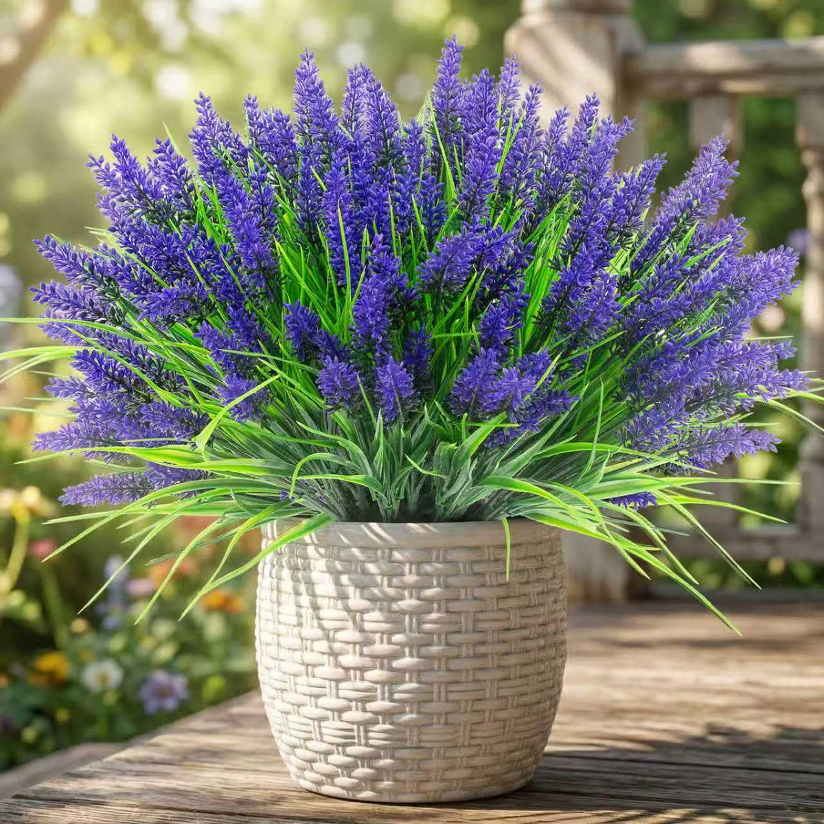 Rowfad artificial lavender flowers in an outdoor pot brighten a porch with low maintenance