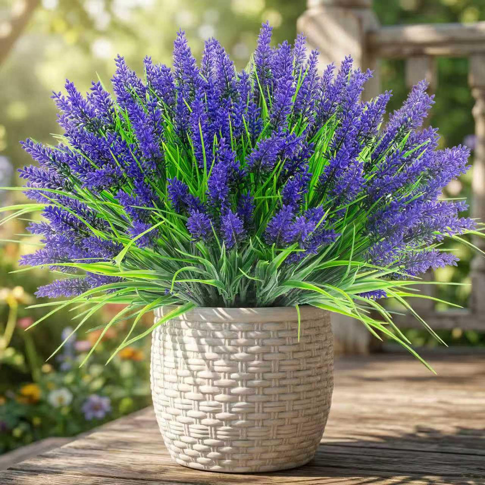 Rowfad artificial lavender flowers in an outdoor pot brighten a porch with low maintenance