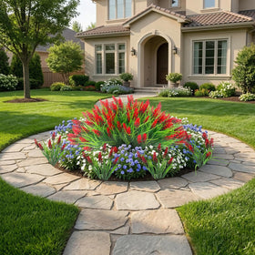 Rowfad red artificial blossoms in hanging planter for entry