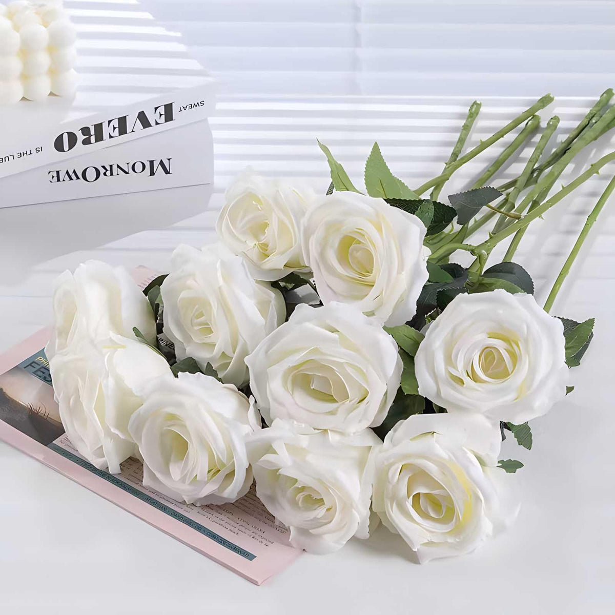 Rowfad long-lasting artificial roses stay vibrant without watering or wilting.