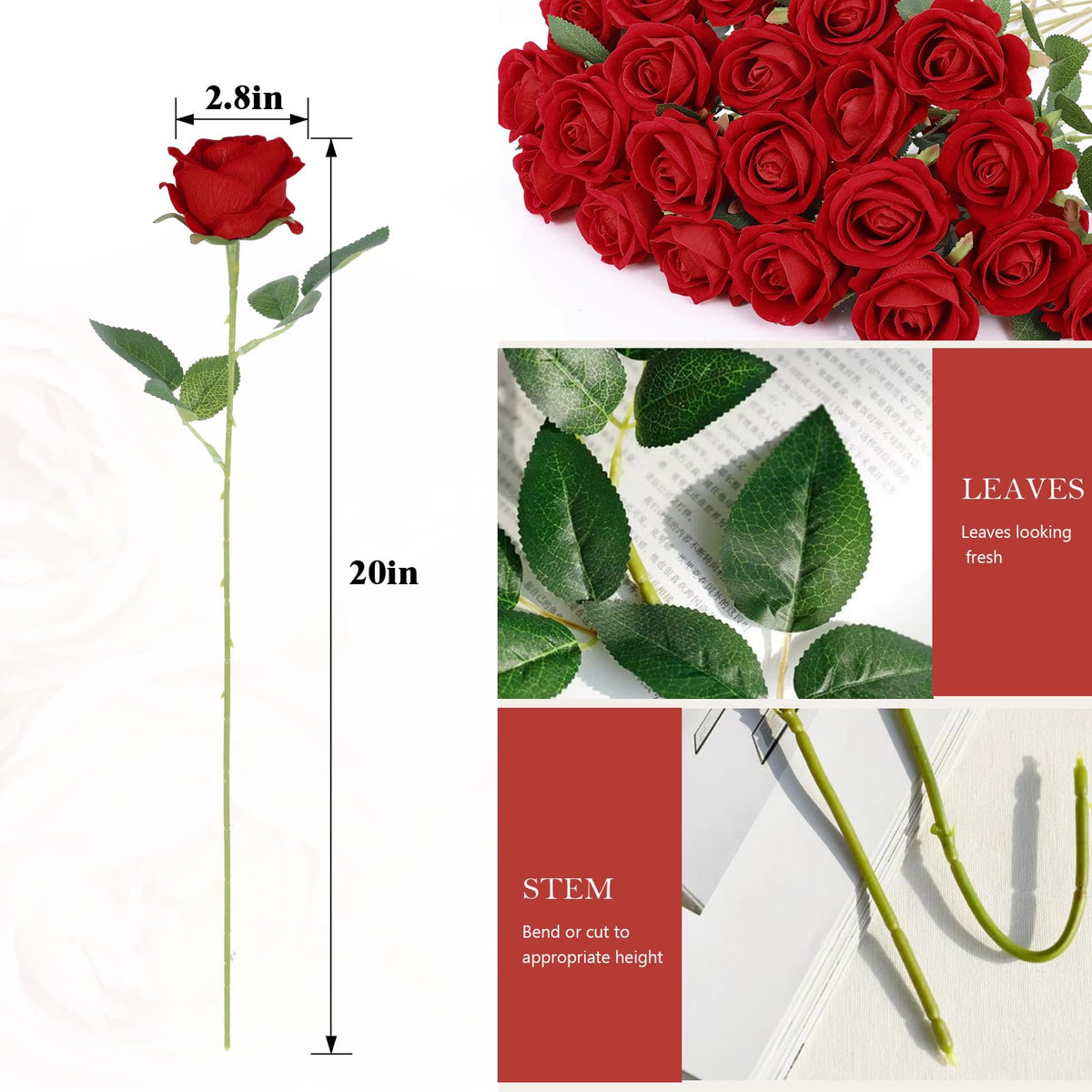 Rowfad velvet-silk red roses add lifelike elegance to wedding centerpieces.