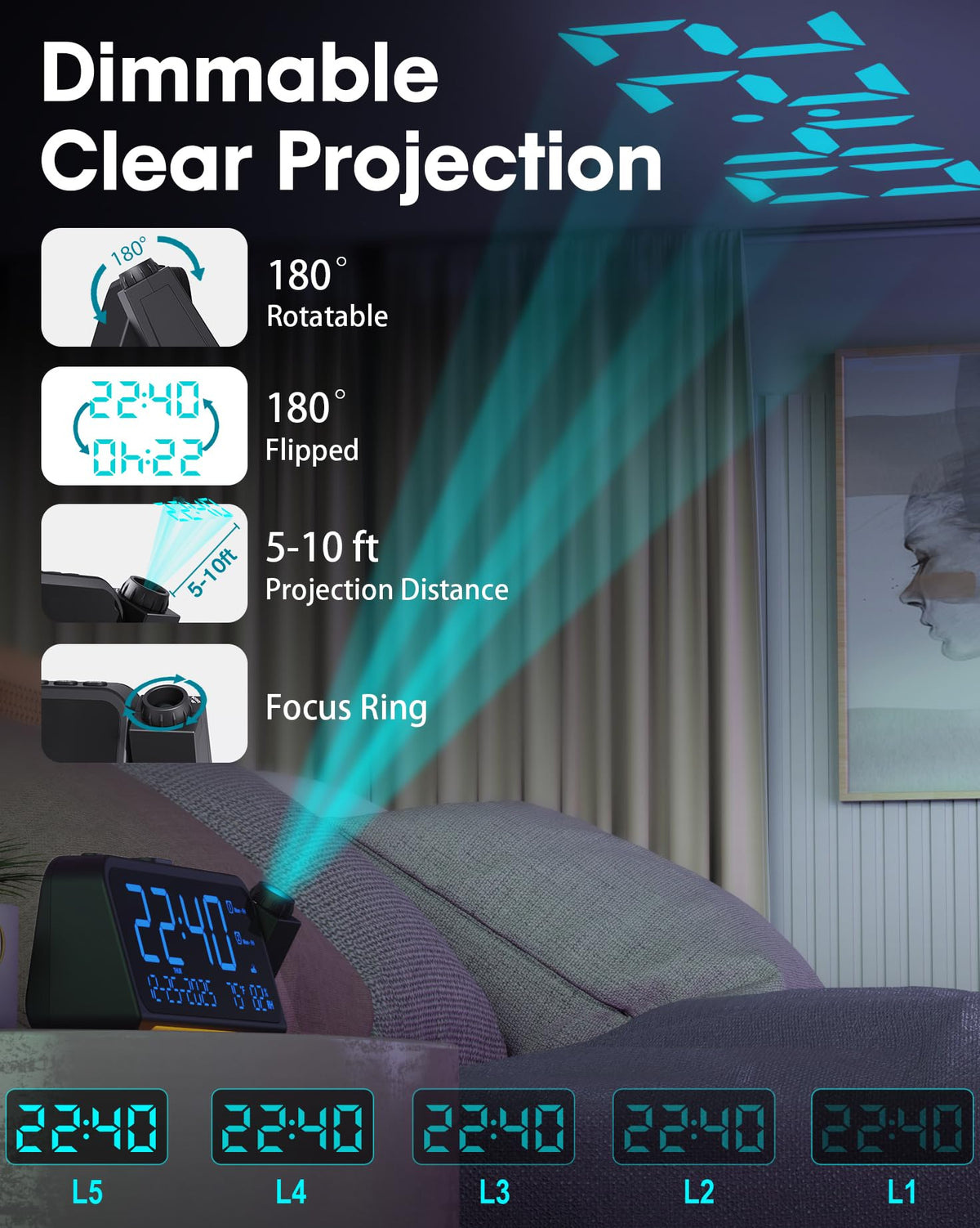 Roxicosly clock with 180-degree adjustable projector for flexible placement
