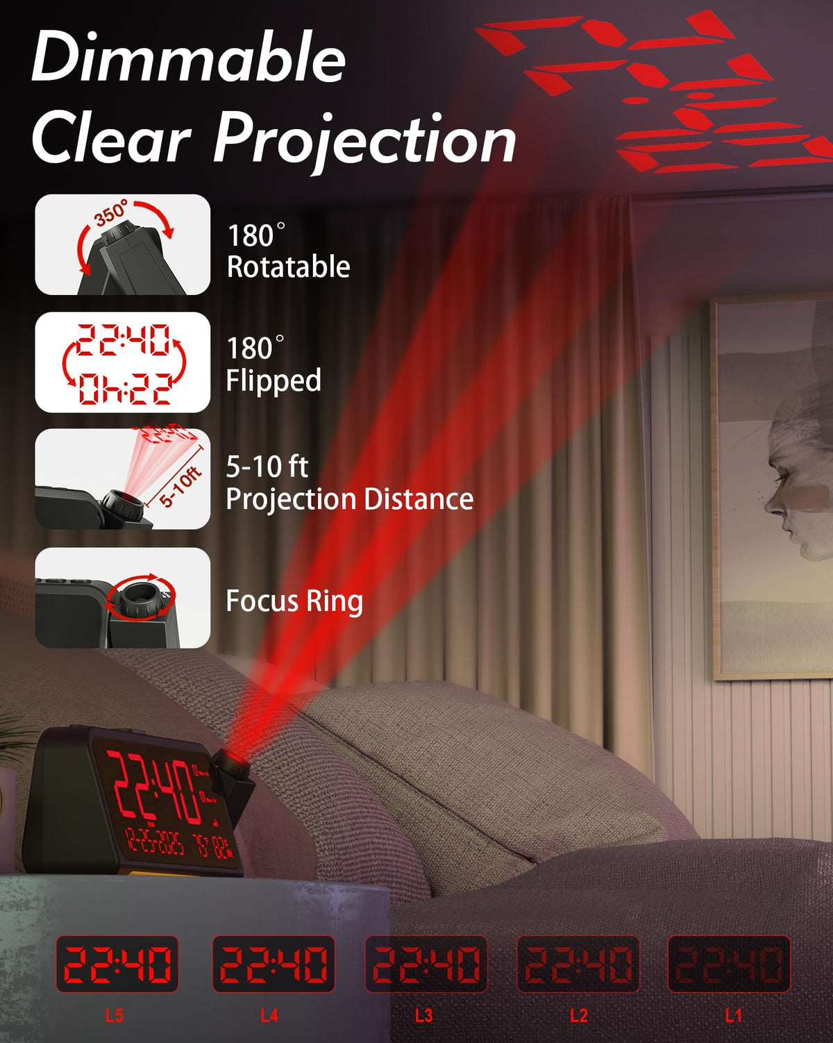 Roxicosly 350-degree adjustable projector focuses time on your wall for easy viewing.