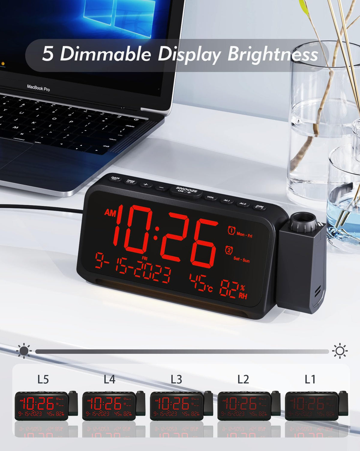 Roxicosly large LED display with adjustable brightness for comfortable reading.