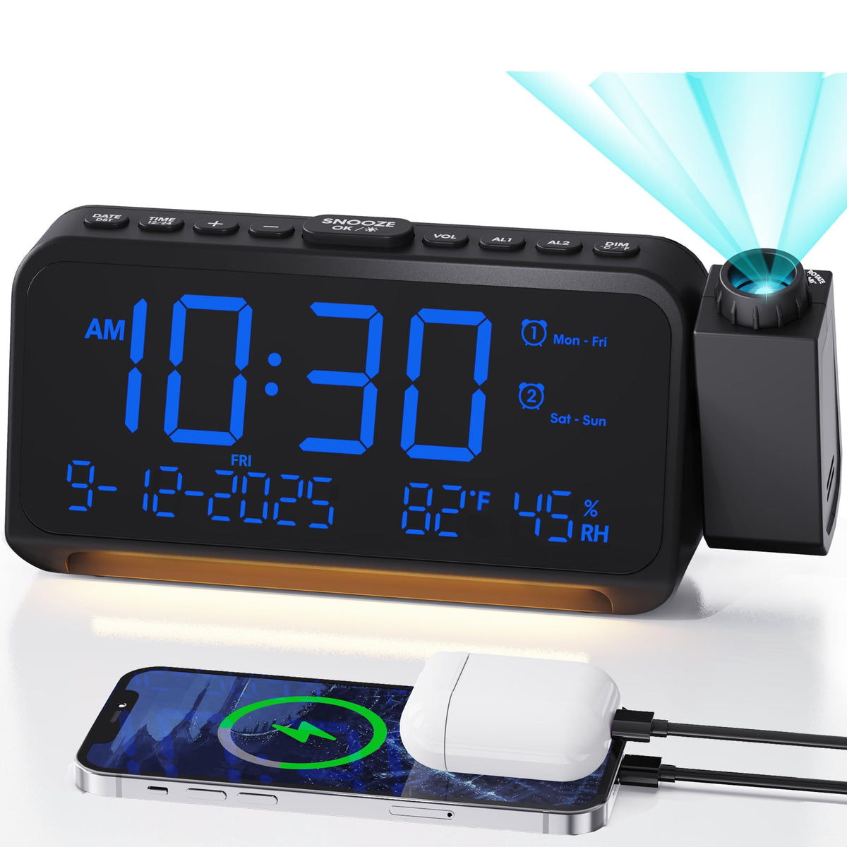 Roxicosly projection clock on ceiling displaying clear time readout
