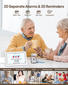 Roxicosly reminder clock highlighting 20 reminders for medications, hydration, and appointments
