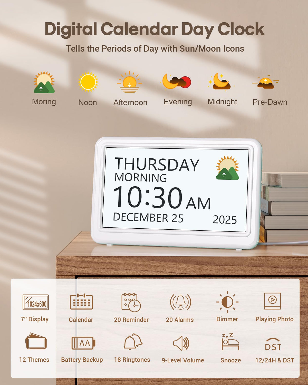 Roxicosly senior alarm clock showing 20 alarms for busy daily schedules