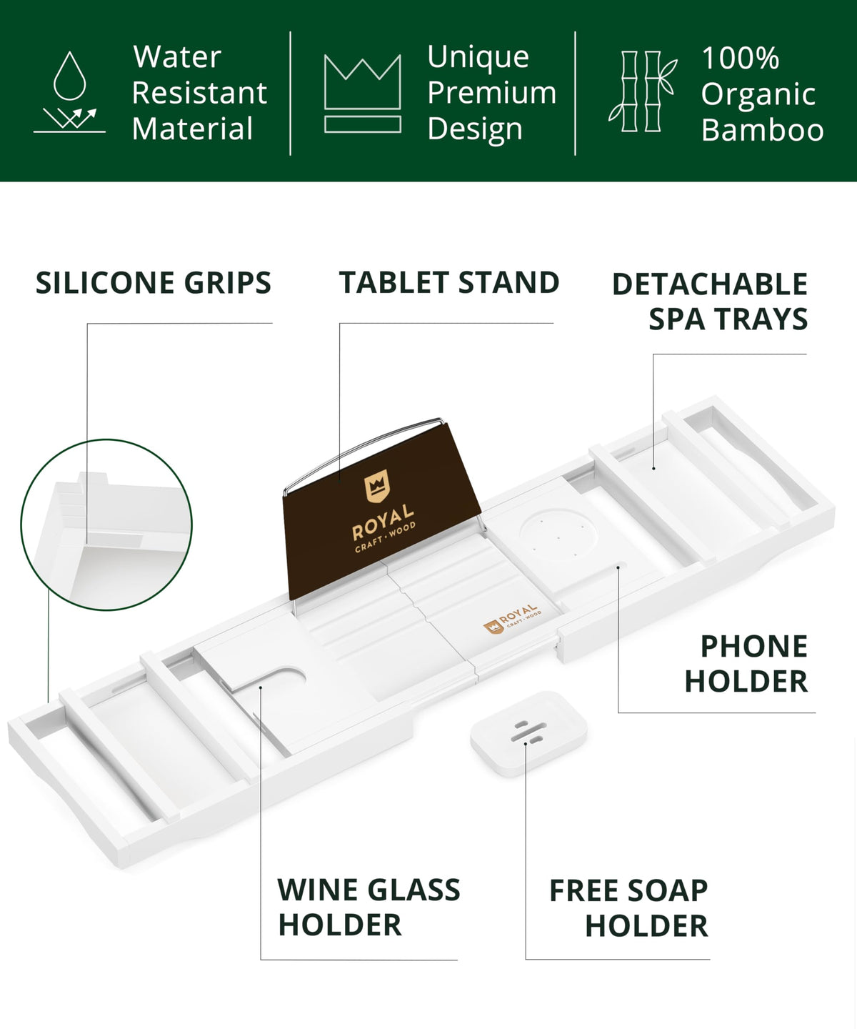 ROYAL CRAFT WOOD Bamboo Tray with built-in holders keeps soap, candle, and phone organized.