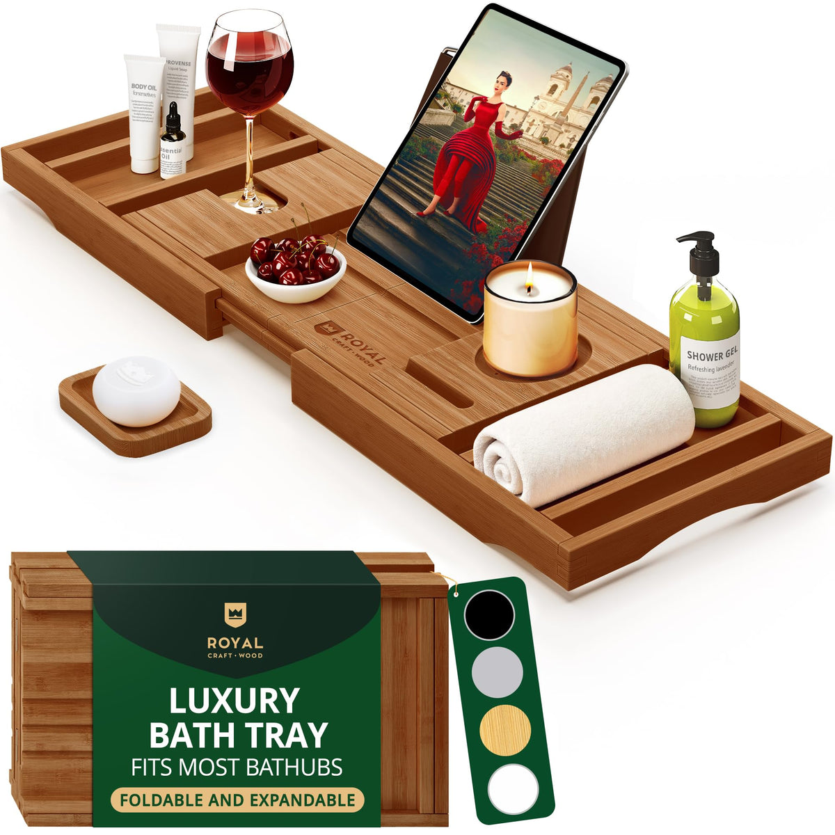 ROYAL CRAFT WOOD bathtub tray adjustable, fits most tubs for a secure, spill-free soak