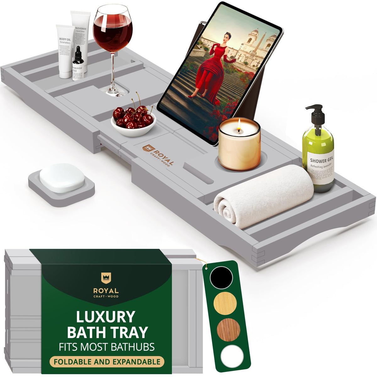 Royal Craft Wood bathtub tray fully adjustable fits most tubs for a personalized setup