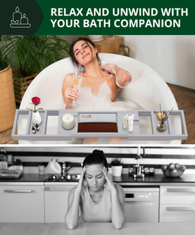Royal Craft Wood bathtub tray features a wine glass slot for relaxing evenings