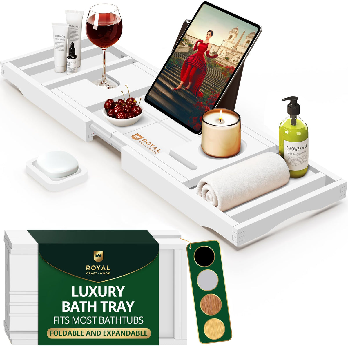 ROYAL CRAFT WOOD Foldable Bathtub Tray extends to fit large tubs for a customizable soak.