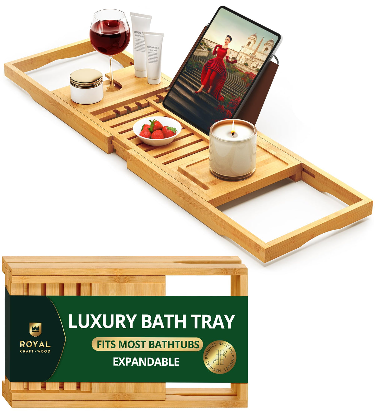 ROYAL CRAFT WOOD premium foldable bathtub tray closed for compact storage.