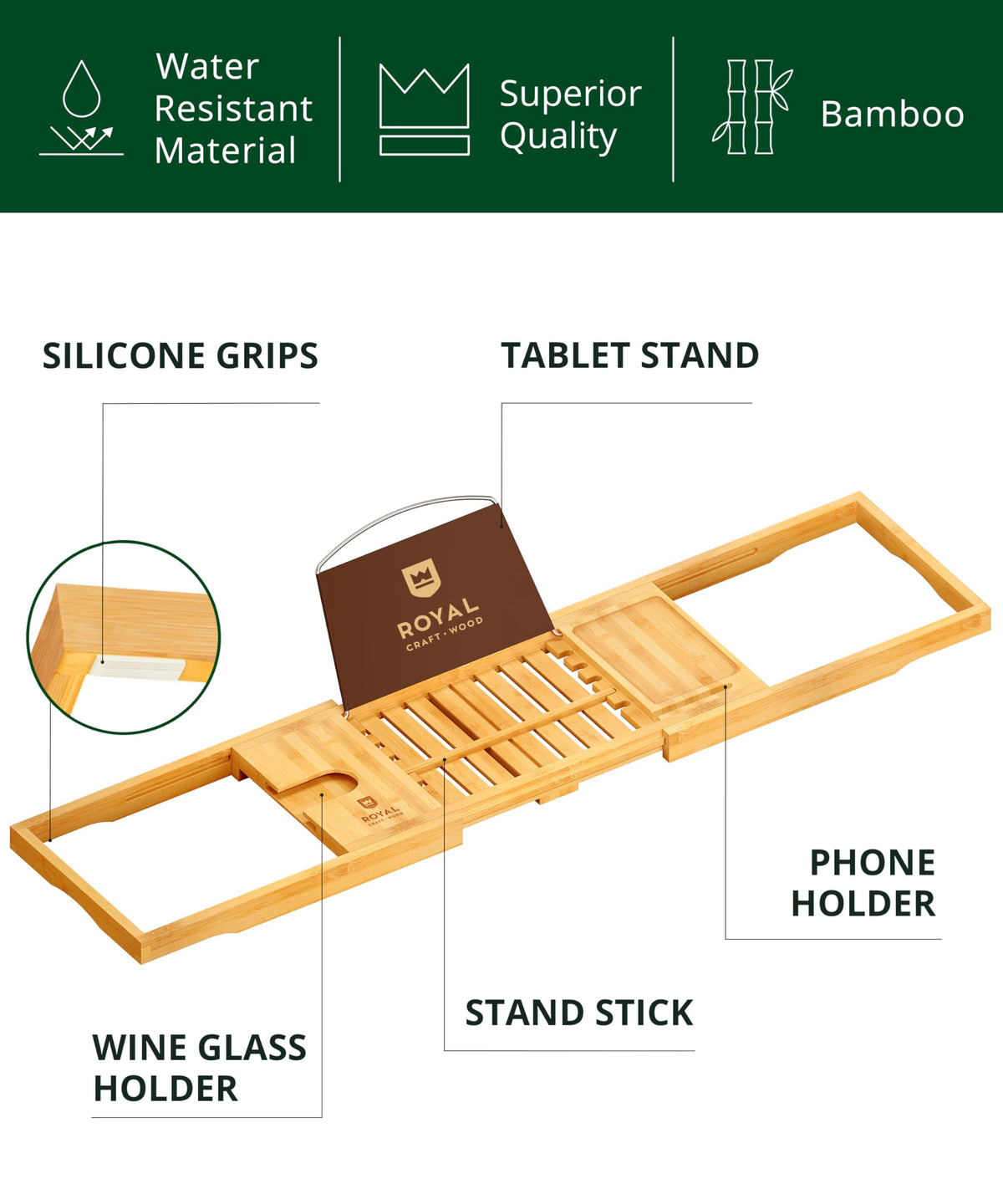 ROYAL CRAFT WOOD bamboo bath tray holds wine, book, or tablet securely.