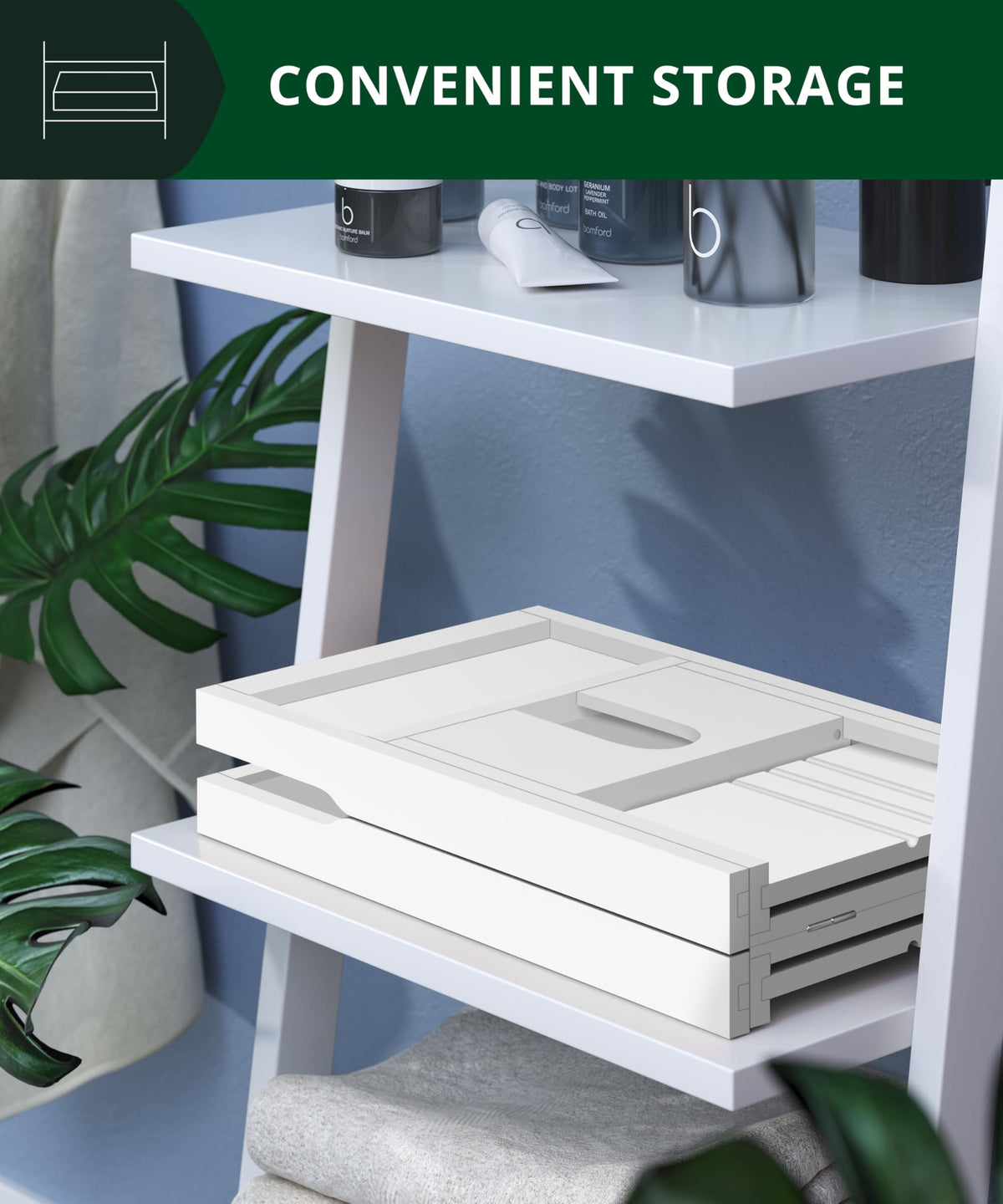 ROYAL CRAFT WOOD White bath tray on tub adds sleek spa-like style.