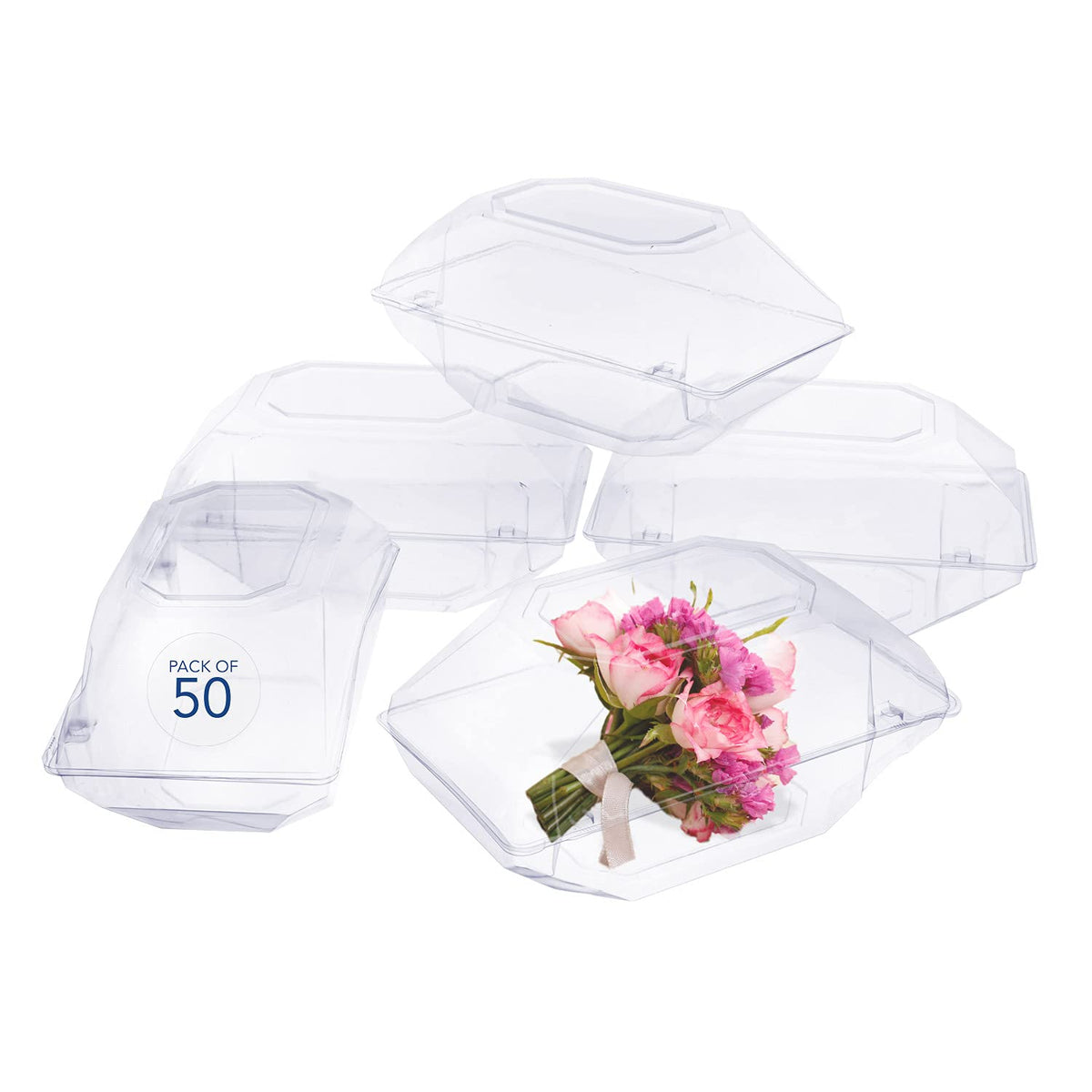 Royal Imports clear corsage box showcases a delicate bouquet with crystal clarity
