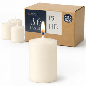 Royal Imports unscented ivory votive candles in a 36-pack for elegant centerpieces.