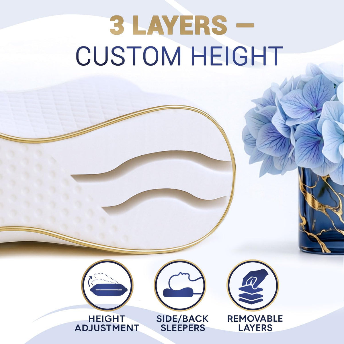 Royal Therapy memory foam pillow loft adjustment demonstrates middle layer removal for personalization.