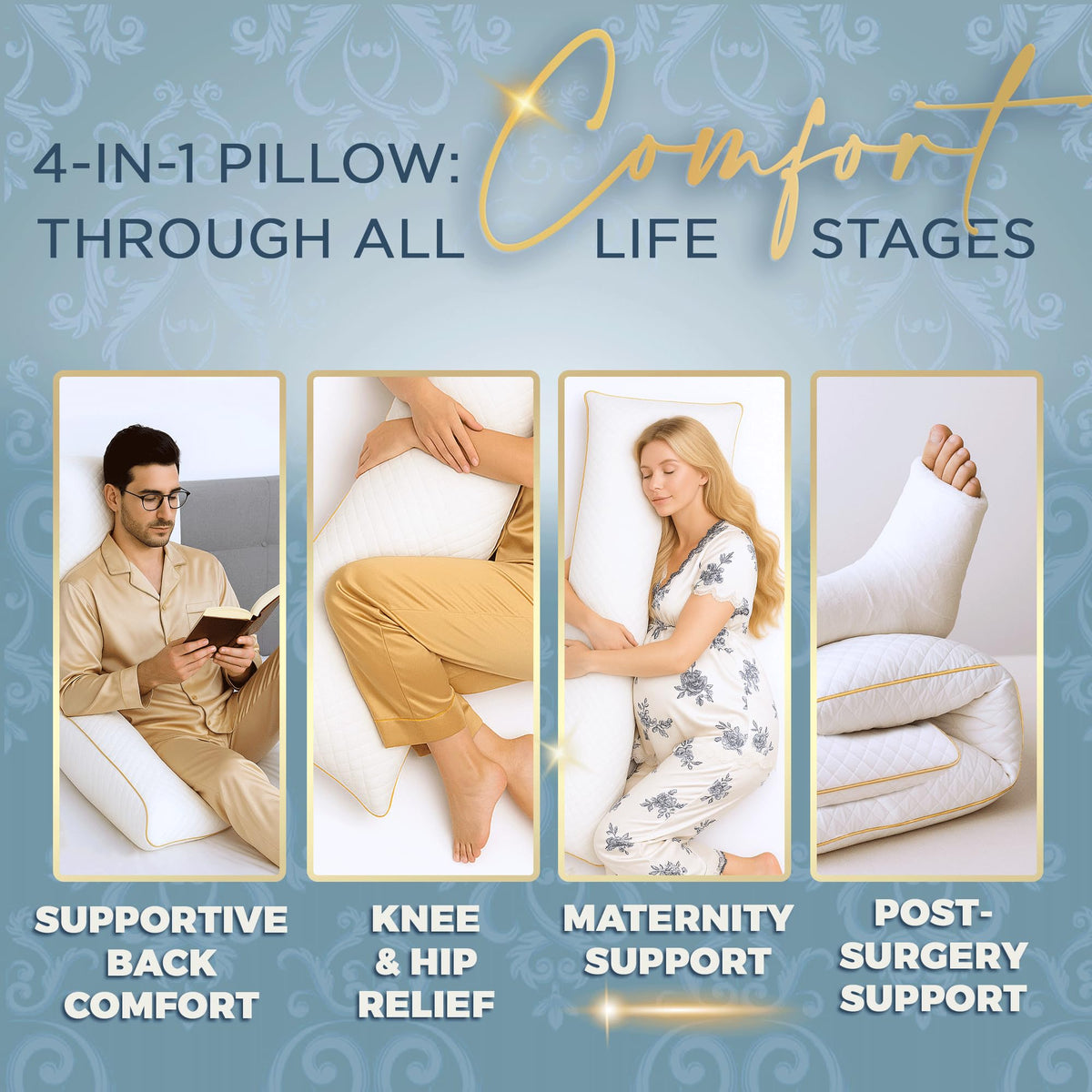 Royal Therapy pillow in use during side sleeping showing relaxed shoulders and aligned hips.