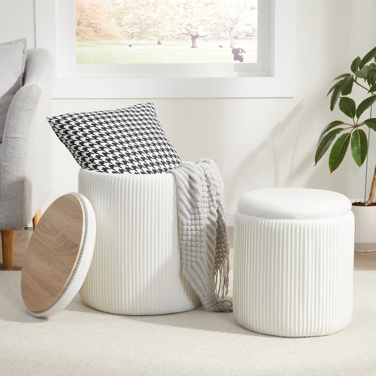 Royal Windsor large round storage ottoman with velvet finish, top view