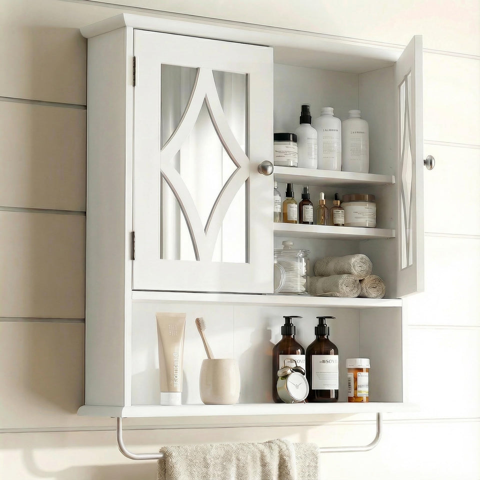 RoyalCraft bathroom wall cabinet with mirror keeps toiletries organized and brightens the space.