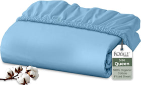 Royale Linens 100 percent organic cotton fitted sheet in lake blue with breathable percale weave