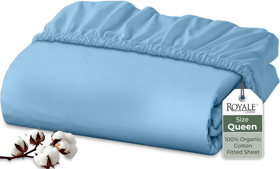 Royale Linens 100 percent organic cotton fitted sheet in lake blue with breathable percale weave