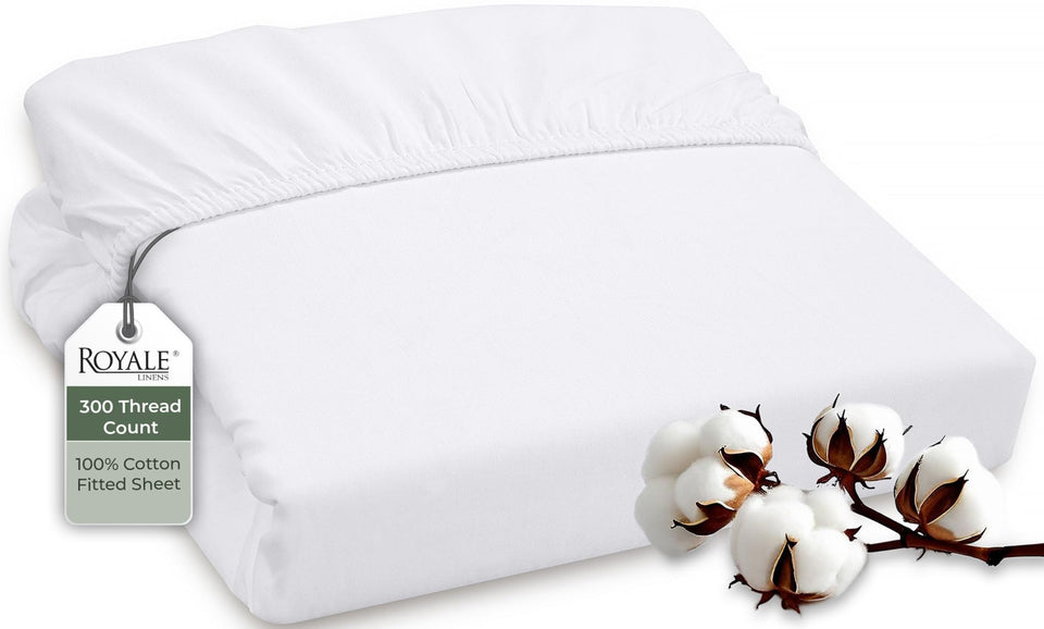 Royale Linens 300TC cotton fitted sheet white closeup weave demonstrates luxurious softness and breathability.