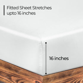 Royale Linens 300TC fitted sheet white deep-pocket elastic ensures snug fit on thick mattresses.