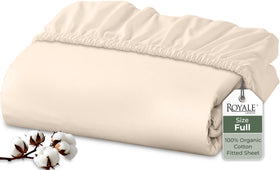 Royale Linens deep-pocket cream fitted sheet secures a snug fit on tall mattresses.