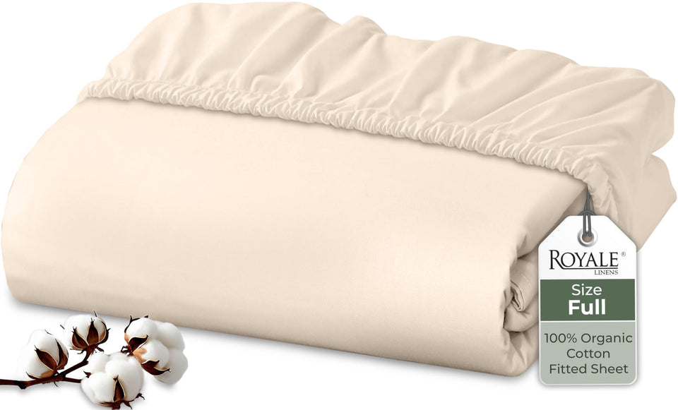 Royale Linens deep-pocket cream fitted sheet secures a snug fit on tall mattresses.