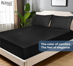 Royale Linens deep-pocket queen fit demonstrates secure edge-to-edge coverage.