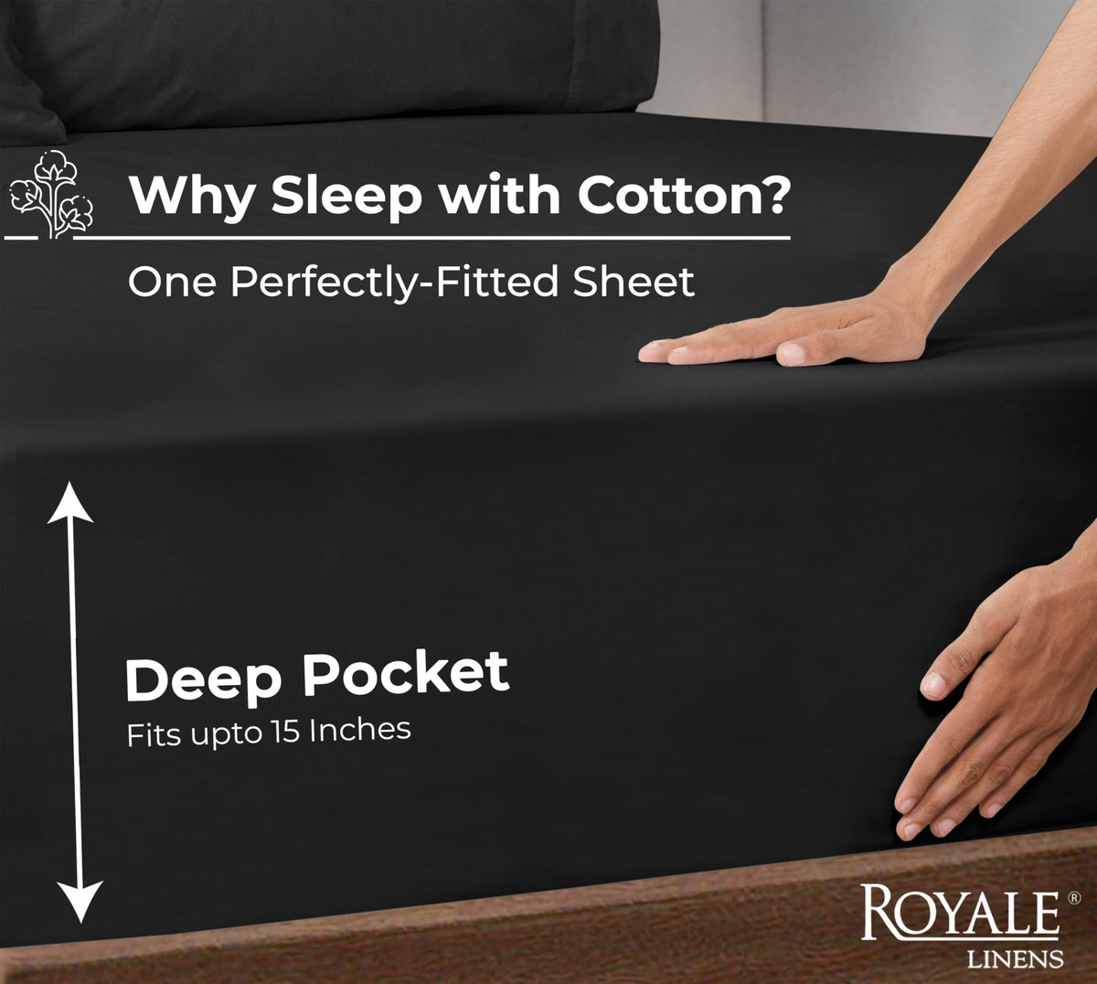 Royale Linens queen deep-pocket fitted sheet secures snug mattress fit.