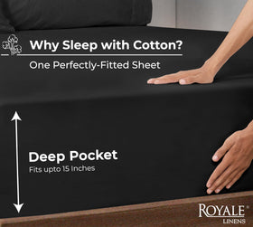Royale Linens queen deep-pocket fitted sheet secures snug mattress fit.