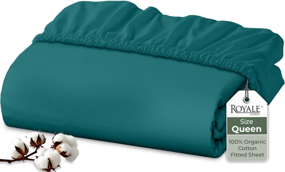 Royale Linens teal fitted sheet close-up shows crisp percale weave and softness.