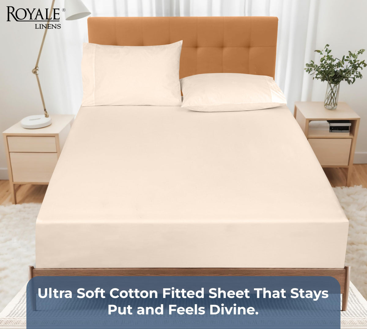 Royale Linens hotel-quality cream fitted sheet elevates bedroom comfort.