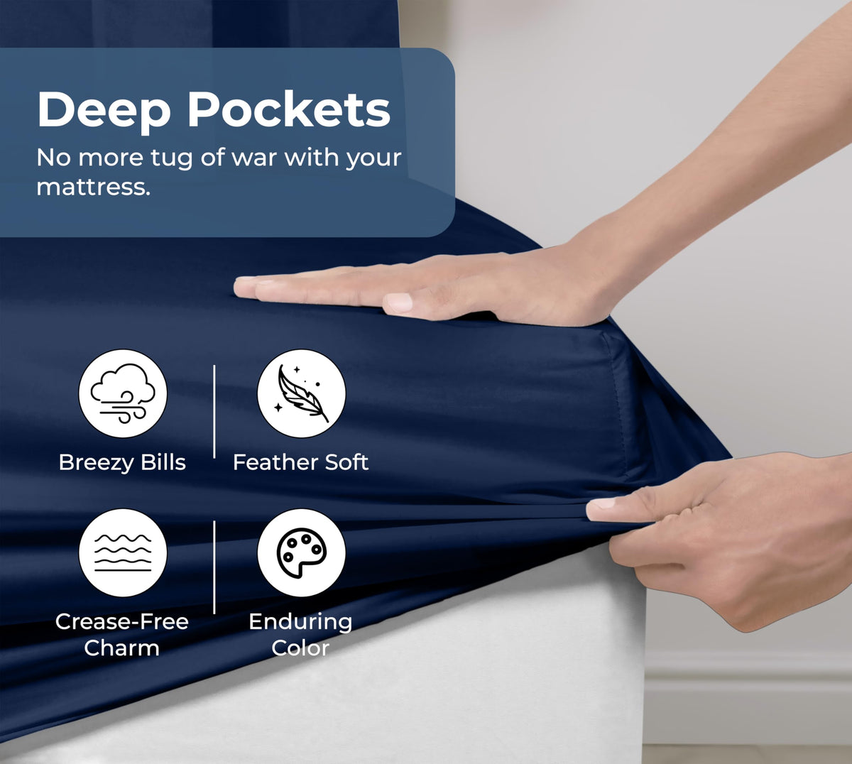 Royale Linens navy queen-fitted-sheet with durable elastic.