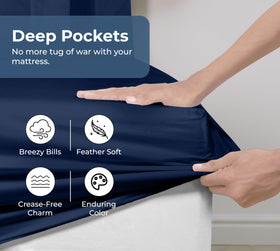Royale Linens navy queen-fitted-sheet with durable elastic.
