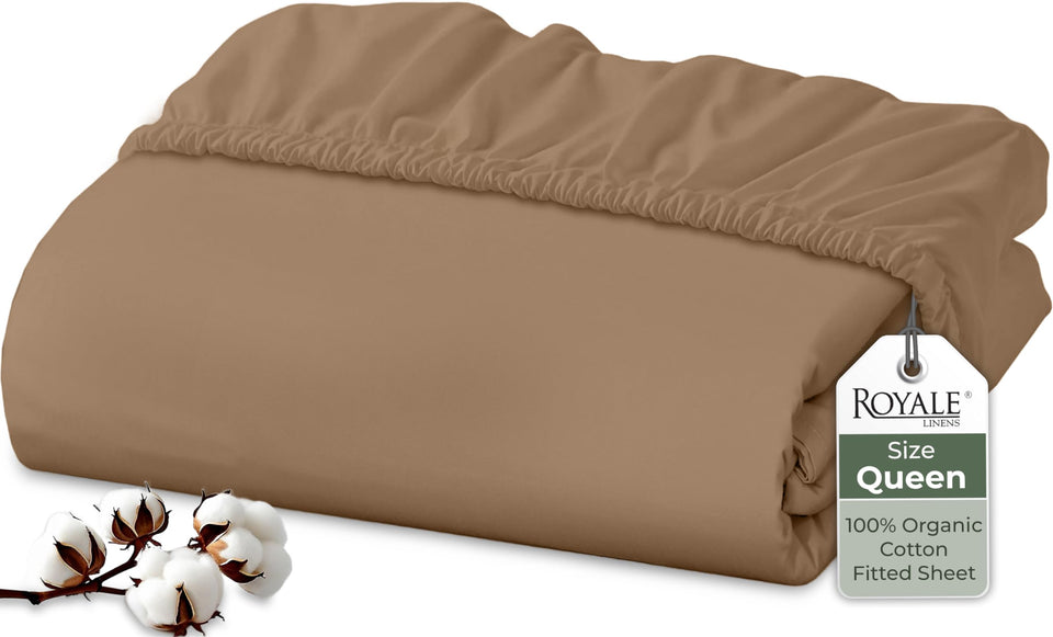 Royale Linens chocolate fitted sheet, front view showcasing smooth percale weave.