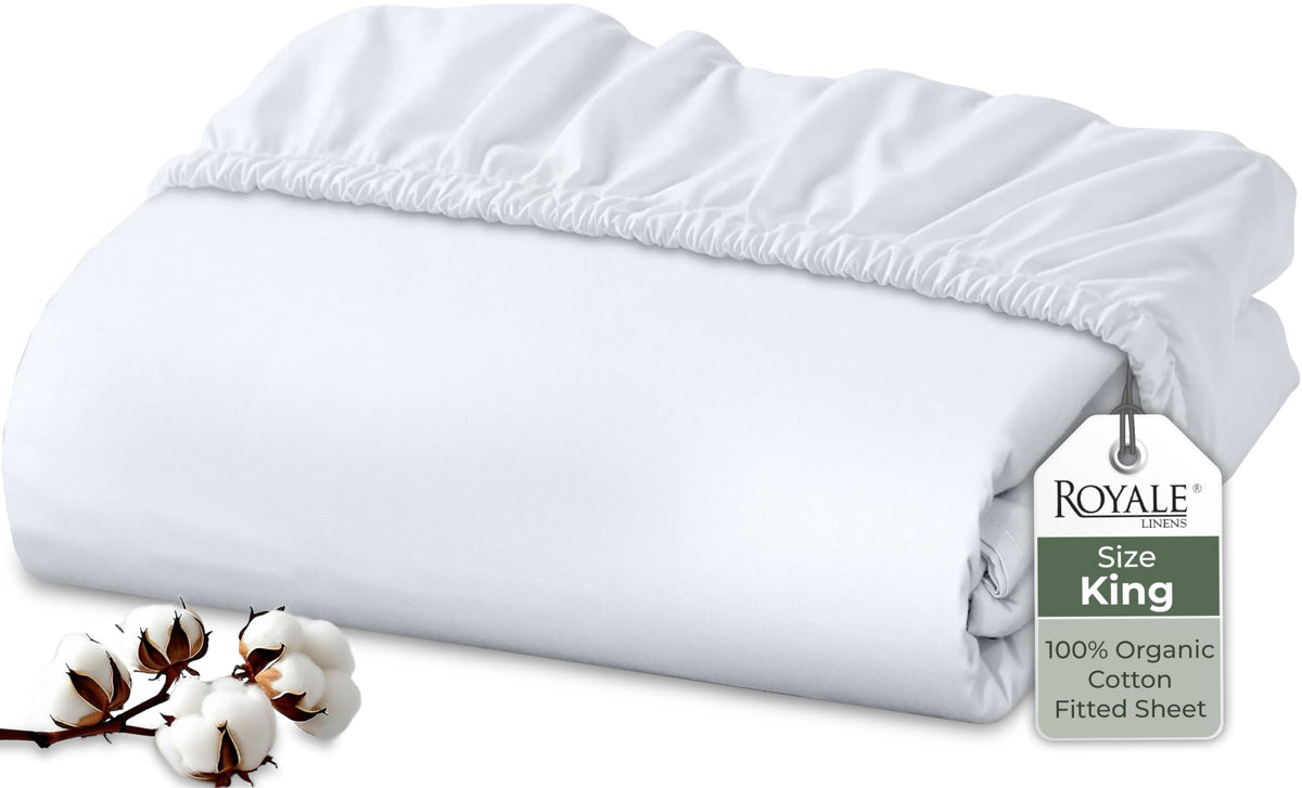 Royale Linens fitted sheet close-up showcases luxurious organic cotton weave.