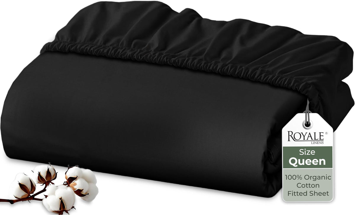 Royale Linens percale fitted sheet in black with a deep pocket fits up to 16 inches.