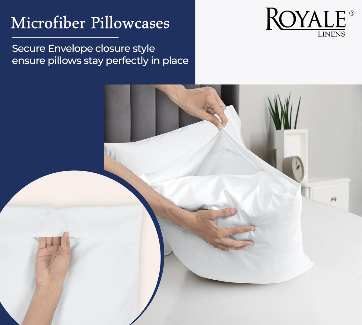 Royale Linens bulk-pack pillowcases stacked for hotels or large homes.